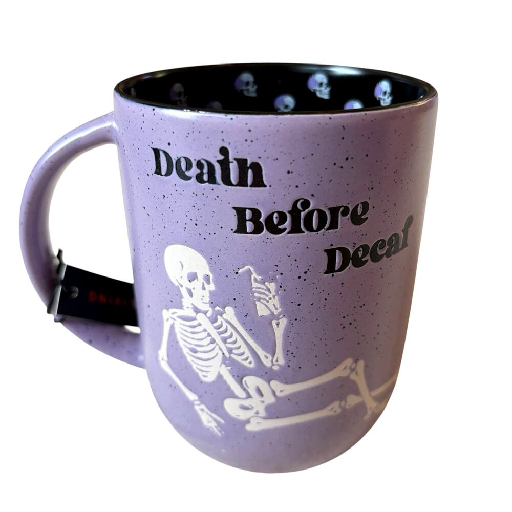 Purple "Death Before Decaf" Halloween Skeleton Mug Spooky Boo 11oz Ceramic NEW